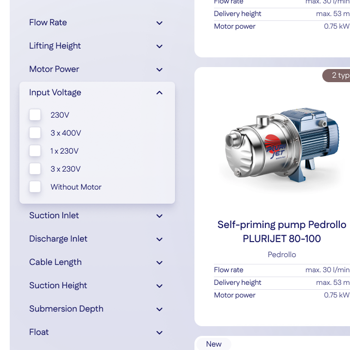 Pump Seller Web Design Prototyping and WordPress Development - Product Catalog Filter Parameters
